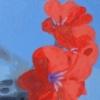 This was painted from a photograph of some geraniums against a backdrop of blue sky.